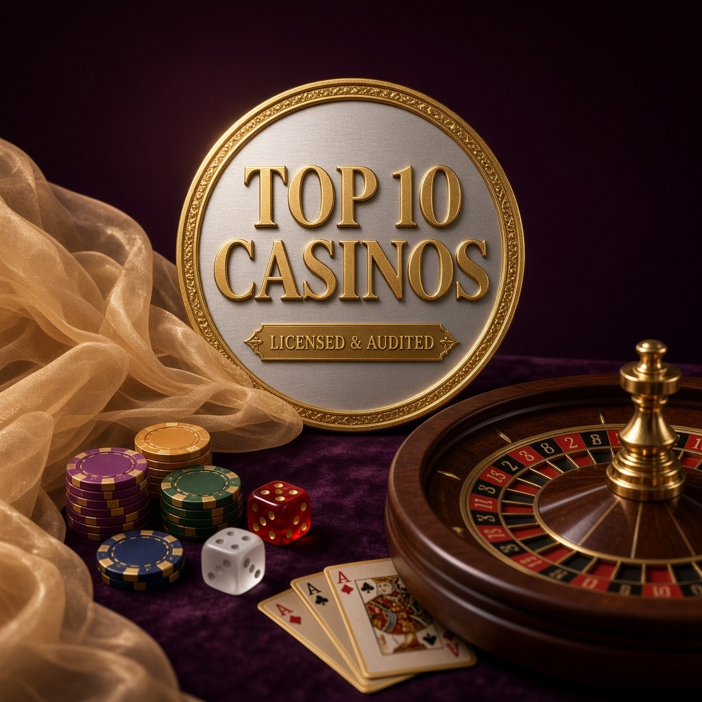 Gold medallion reading Top 10 Casinos, with a silk veil, roulette wheel, chips, dice and playing cards
